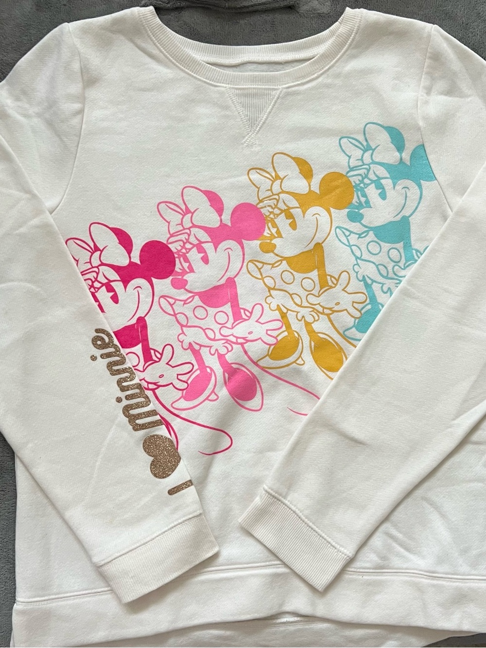 Disney Minnie Mouse White Sweatshirt with Pink, Gold & Teal Prints